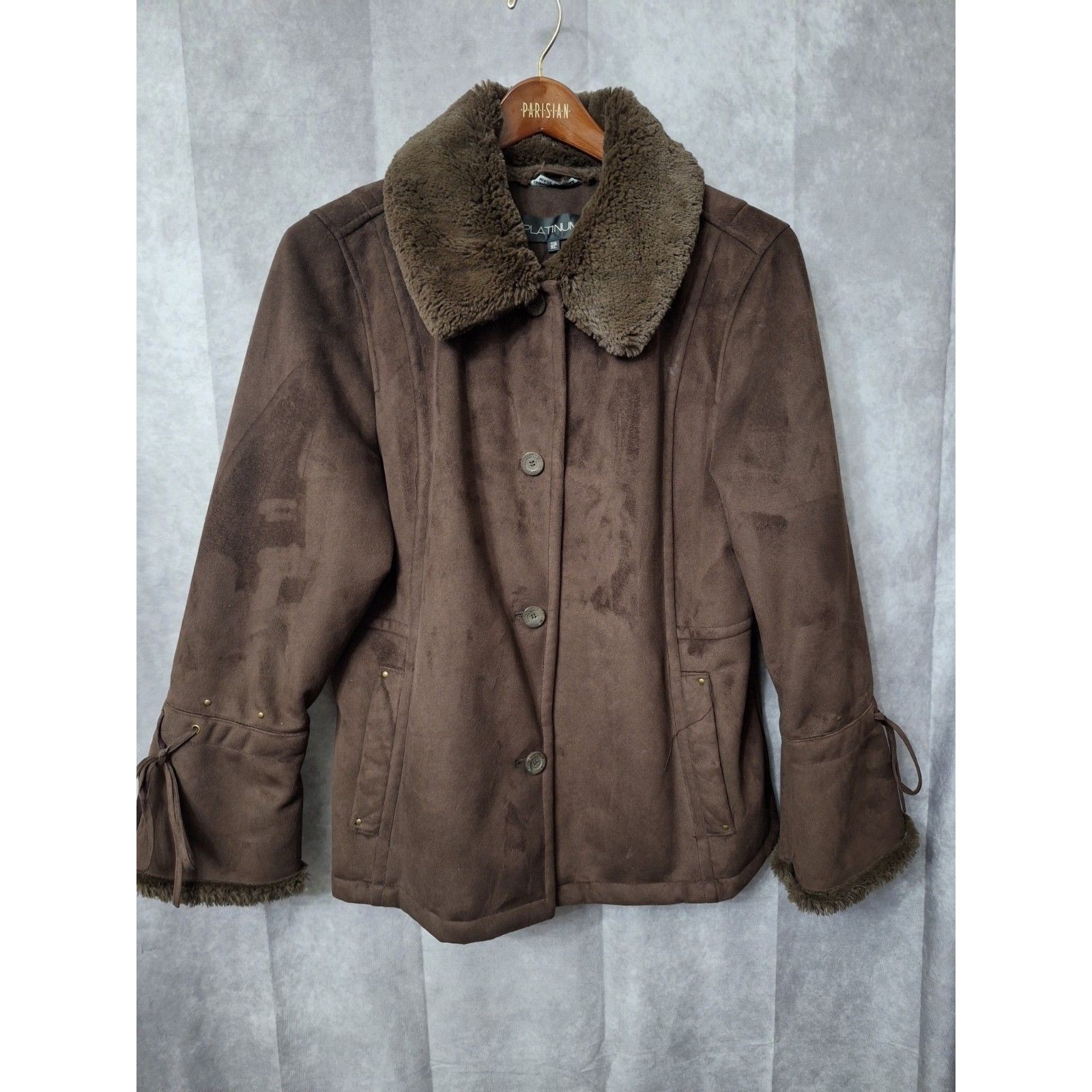 Platinum Utex Faux Suede Brown Penny Lane Coat Sz Xl Fur Collar Fur Lined Y2k